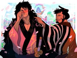 Rule 34 | 2boys, black hair, blush, closed mouth, crying, facial hair, goatee, japanese clothes, katana, kinemon, kouzuki momonosuke, long hair, male focus, multiple boys, one eye closed, one piece, open mouth, short hair, shuravf, smile, sword, topknot, weapon