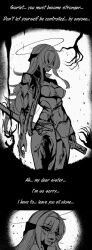 1girl armored_bodysuit blood bodysuit breasts english_text goddess_of_victory:_nikke greyscale halo headgear long_hair medium_breasts monochrome official_alternate_costume scarlet_(black_shadow)_(nikke) scarlet_(nikke) see-through_clothes shiwudesu solo sword weapon