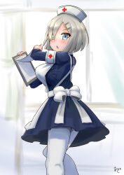 1girl akashieru apron armband blue_dress blue_eyes blush bow breasts clipboard commentary_request cross dress grey_hair hair_ornament hair_over_one_eye hairclip hamakaze_(kancolle) hat highres holding holding_clipboard infirmary kantai_collection kneepits large_breasts long_sleeves looking_at_viewer nurse nurse_cap open_mouth pantyhose red_cross short_hair solo white_apron white_armband white_pantyhose
