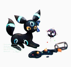 alternate_color bad_link black_eyes colored_sclera gen_2_pokemon gen_7_pokemon highres jar liquid lying minior minior_(core) nintendo no_humans pokemon pokemon_(creature) shiny_pokemon simple_background star_(symbol) twitter_username umbreon white_background yellow_sclera