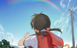 1girl backpack bag black_hair blue_sky child facing_away from_behind hair_bobbles hair_ornament highres holding_strap kaai_yuki long_hair low_twintails outdoors pocche-ex power_lines rainbow randoseru red_bag shirt sky solo twintails utility_pole vocaloid white_shirt