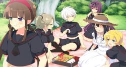 6+girls arm_hug bento black_hair black_neckerchief black_ribbon black_sailor_collar black_shirt black_shorts black_skirt black_socks blonde_hair blue_eyes breasts brown_eyes brown_hair bush closed_eyes dress eating food food_on_face game_cg glasses grass green_eyes hair_ribbon hairband halo hat hebijo_academy_school_uniform heterochromia highres holding holding_food imu_(senran_kagura) indian_style large_breasts light_blush long_hair looking_at_another low_twintails medium_hair midriff miyabi_(senran_kagura) multiple_girls murasaki_(senran_kagura) navel neckerchief non-web_source official_art onigiri open_mouth ouroboros outdoors picnic_blanket purple_eyes purple_hair red_hairband ribbon rice rice_on_face ryoubi_(senran_kagura) ryouki_(senran_kagura) ryouna_(senran_kagura) sailor_collar school_uniform seiza senran_kagura senran_kagura_estival_versus shirt short_hair shorts shorts_under_skirt siblings sidelocks sisters sitting skirt smile socks straw_hat tree twintails white_dress white_hair yaegashi_nan yellow_eyes