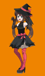 Rule 34 | 1girl, asatsuki (fgfff), bare shoulders, black dress, black hat, black shoes, blue eyes, bright pupils, brown hair, claw pose, commentary request, cosplay, double bun, dress, elbow gloves, gloves, hair bun, halloween, halloween costume, halterneck, hat, hat ribbon, high heels, highres, lace, lace gloves, long hair, looking at viewer, nintendo, official alternate costume, open mouth, orange background, pantyhose, pokemon, pokemon bw2, pokemon masters ex, red pantyhose, red ribbon, ribbon, rosa (pokemon), roxanne (fall 2023) (pokemon), roxanne (pokemon), roxanne (pokemon) (cosplay), shoes, simple background, sleeveless, sleeveless dress, smile, solo, twintails, v-shaped eyebrows, white pupils, witch, witch hat