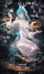 Rule 34 | 1girl, antlers, aqua eyes, aqua hair, choker, commentary request, dress, flower, frills, hair between eyes, hatsune miku, highres, holding, horns, long hair, long sleeves, looking at viewer, original, parted lips, puffy long sleeves, puffy sleeves, solo, tolu ya, twintails, very long hair, white choker, white dress, white flower