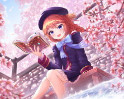 Rule 34 | 1girl, :d, absurdres, beret, black hat, blue bow, blue eyes, blurry, blurry background, blush, book, bow, braid, branch, cherry blossoms, commentary request, day, female focus, flower, from below, hat, highres, holding, holding book, ichizon, long hair, long sleeves, looking at viewer, open book, open mouth, outdoors, princess connect!, red hair, scenery, sitting, smile, solo, spring (season), tree, water, yuni (princess connect!)