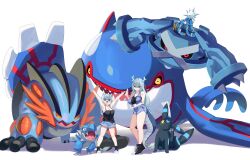2girls :&lt; absurdres alternate_color arm_behind_back armpits arms_up bare_shoulders black_eyes black_footwear black_sclera black_shirt black_socks blue_horns blue_shorts blue_skirt blue_vest bob_cut breasts buttons cable claws cleavage closed_mouth collarbone color_connection colored_sclera commission crop_top dragon_girl dragon_horns facial_mark fangs female_focus floating forehead_mark full_body fur-tipped_tail game_freak gen_2_pokemon gen_3_pokemon gen_6_pokemon gen_7_pokemon gpaper232 green_eyes grey_hair hair_between_eyes hand_up happy head_tilt heel_up highres horns kyogre large_breasts legendary_pokemon legs legs_apart long_hair looking_at_viewer mega_pokemon mega_swampert metagross midriff miniskirt mother_and_daughter multiple_girls navel nintendo one_eye_closed open_clothes open_mouth open_vest orange_sclera original outstretched_arms pawpads pocket pokemon pokemon_(creature) red_eyes scratching_with_foot sharp_teeth shiny_pokemon shirt shoes short_hair short_shorts shorts sidelocks simple_background sitting skirt sleeveless sleeveless_shirt smile socks spikes split_mouth standing stomach swampert teeth thighs tongue tyrunt ultra_beast umbreon v-shaped_eyebrows vest white_background wide-eyed xurkitree yellow_eyes yellow_sclera
