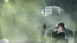 Rule 34 | 1boy, architecture, black hair, camellia, chinese clothes, chinese commentary, closed eyes, covered mouth, east asian architecture, facing viewer, falling petals, flower, green robe, hair ribbon, hanfu, head on arm, head on table, highres, incense burner, indoors, light particles, long hair, male focus, mohun, own hands together, petals, plant, ribbon, robe, solo, table, upper body, white flower, white ribbon, wide sleeves, window, wispy bangs, wo shi baitao zong