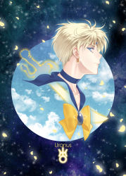 1girl bishoujo_senshi_sailor_moon blonde_hair blue_background blue_eyes blue_neckwear blue_sailor_collar bow brooch character_name closed_mouth earrings female_focus from_side jewelry looking_at_viewer magical_girl nickii25 profile sailor_collar sailor_uranus short_hair smile solo ten&#039;ou_haruka uranus_symbol yellow_bow