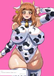 1girl animal_ears animal_print arm_up armpits bare_shoulders bell blunt_bangs bougainvillea_(unnryuu) breasts breasts_apart brown_eyes character_name collar commentary covered_navel cow_ears cow_girl cow_horns cow_print cow_print_leotard cow_print_sleeves cow_print_thighhighs cowbell cowboy_shot detached_sleeves ear_tag girls_und_panzer heattech_leotard highres horns large_breasts leotard long_hair long_sleeves looking_at_viewer name_tag neck_bell open_mouth orange_hair pink_background plump print_thighhighs screenshot_inset sidelocks simple_background sleeveless sleeveless_turtleneck sleeveless_turtleneck_leotard solo standing straight-on takebe_saori thick_eyebrows thighhighs thighs translation_request turtleneck