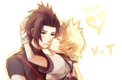 Rule 34 | 2boys, arms around neck, black gloves, black shirt, blonde hair, blue eyes, blush, brown hair, checkered clothes, closed eyes, commentary, couple, english commentary, fingerless gloves, gloves, hair slicked back, half-closed eyes, hand on another&#039;s back, heart, illbewaiting, jacket, kingdom hearts, kingdom hearts birth by sleep, kiss, kissing cheek, light smile, male focus, medium hair, multiple boys, outline, parted bangs, parted lips, shirt, short sleeves, shoulder strap, spiked hair, terra (kingdom hearts), tight clothes, tight shirt, upper body, ventus (kingdom hearts), white background, white jacket, wristband, yaoi, yellow outline