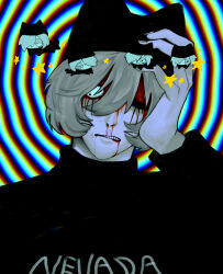 Rule 34 | 1boy, animal hat, black eyes, black sweater, bleeding, blood, bloodshot eyes, blue background, cat hat, clenched teeth, closed eyes, commentary request, dizzy, grey hair, hand on own head, hat, highres, injury, male focus, nehan pero, nosebleed, nyen (randal&#039;s friends), randal&#039;s friends, seeing stars, short hair, solo, sweater, teeth, turtleneck, turtleneck sweater, upper body