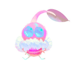Rule 34 | blue eyes, colored skin, creature, creature focus, floating, fur scarf, hands on own hips, insect wings, leaf, nintendo, no humans, no mouth, pikmin (creature), pikmin (series), pink skin, scarf, simple background, solid circle eyes, white background, white scarf, winged pikmin, wings, yu pikmin
