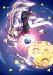 1girl bad_id bad_pixiv_id bird blue_eyes cape gears goose hat ishigakishima little_busters! long_hair moon noumi_kudryavka rocket silver_hair space thighhighs