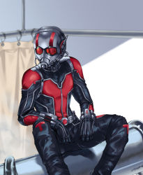 1boy ant-man ant-man_(film) ant-man_(movie) antennae aona_(anagasaki) black_gloves blurry bodysuit depth_of_field gloves helmet male_focus marvel marvel_cinematic_universe mini_person miniboy scott_lang shower_curtain sitting solo superhero_costume