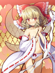 Rule 34 | blonde hair, bow, bow panties, chima q, cosplay, detached sleeves, drill hair, fairy, fairy wings, floral background, gohei, hakurei reimu, hakurei reimu (cosplay), highres, holding, holding gohei, luna child, ofuda, ofuda on nipples, orange eyes, panties, pasties, red bow, red ribbon, ribbon, topless female, touhou, underwear, white panties, wings, yellow background