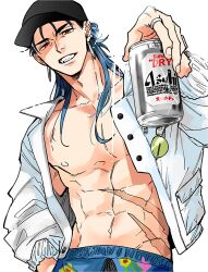 Rule 34 | 1boy, abs, arm up, bare pectorals, baseball cap, beer can, black hat, blue hair, blue male swimwear, can, collarbone, collared jacket, commentary request, cu chulainn (caster) (fate), cu chulainn (fate), cu chulainn (tropical rune summer) (fate), drink can, earrings, fate/grand order, fate (series), fingernails, floral print, hat, holding, holding can, jacket, jewelry, long hair, long sleeves, looking at viewer, male focus, male swimwear, maripaka, nipples, official alternate costume, open clothes, open jacket, pectorals, piercing, red eyes, ring, scar, scar on stomach, simple background, solo, teeth, toned, toned male, white background, white jacket