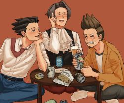 3boys ace_attorney alcohol ascot bad_id bad_pixiv_id beer beer_can black_hair brown_hair can crying drink_can drunk facial_hair foam_mustache highres larry_butz male_focus miles_edgeworth multiple_boys necktie orange_background phoenix_wright renshu_usodayo smile snack