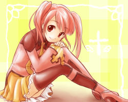 Rule 34 | 1girl, aino yumeri, female focus, pink eyes, pink hair, pixiv fantasia, pixiv fantasia 4, sitting, skirt, smile, solo, thighhighs