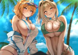 2girls absurdres bare_shoulders beach bikini blonde_hair blue_eyes blush breasts breasts_squeezed_together brown_dust_(series) brown_dust_2 cleavage commentary_request day hair_intakes hair_ornament hairband highres jacket large_breasts looking_at_viewer multiple_girls murabito_c navel nebris_(brown_dust_2) nebris_(laid-back_lifeguard)_(brown_dust_2) o-ring o-ring_bikini off_shoulder official_alternate_costume one-piece_swimsuit open_clothes open_jacket orange_hair outdoors palm_tree smile sunglasses swimsuit tree visor_cap zenith_(brown_dust)
