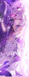 Rule 34 | 1girl, absurdres, asymmetrical gloves, bare shoulders, black tiara, bright pupils, bug, butterfly, castorice (honkai: star rail), dalmyang, dress, elbow gloves, gloves, highres, honkai: star rail, honkai (series), insect, legwear cutout, long hair, looking at viewer, lying, on side, pantyhose, parted lips, pointy ears, purple butterfly, purple eyes, purple gloves, purple hair, signature, solo, tiara, uneven gloves, water, white dress, white pantyhose, white pupils