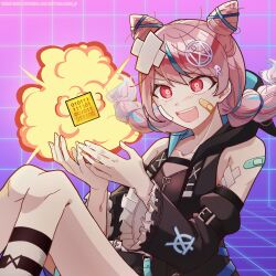 Rule 34 | 1girl, :d, bandages, bandaid, bandaid on face, bandaid on shoulder, bare shoulders, black sleeves, commentary request, cone hair bun, detached sleeves, double bun, explosion, hair bun, hair ornament, korean commentary, liam1234 d, long sleeves, looking at object, loose hair strand, multi-tied hair, multicolored hair, official alternate costume, open mouth, pink hair, semba tsuruko, smile, solo, streaked hair, tearing up, tribe nine, two-tone hair