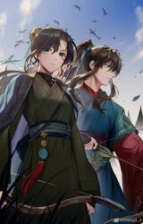 0jae 1boy 1girl aqua_ribbon arrow_(projectile) bird blue_eyes blue_hanfu blue_ribbon blue_sky blurry blurry_background bow_(weapon) chinese_clothes cowboy_shot day erha_he_tadebai_mao_shizun green_eyes hair_ribbon hanfu high_ponytail highres holding holding_bow_(weapon) holding_weapon long_hair long_sleeves looking_ahead mandarin_collar nangong_si outdoors parted_lips ponytail quiver ribbon sash sky tassel watermark weapon weibo_watermark wide_sleeves ye_wangxi