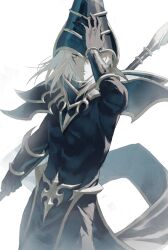 Rule 34 | 1boy, armor, black armor, black hat, cowboy shot, dark magician, fagi (kakikaki), hat, highres, holding, holding staff, long hair, looking at viewer, mage staff, male focus, medium hair, pale skin, shoulder armor, simple background, solo, staff, vambraces, white background, white hair, yu-gi-oh!