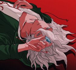 1boy commentary_request danganronpa_(series) danganronpa_2:_goodbye_despair diamond_(gemstone) gem gradient_background green_jacket grey_eyes grey_hair highres holding holding_gem jacket komaeda_nagito looking_at_viewer lying male_focus on_back open_clothes open_jacket red_background short_hair simple_background uri_ka55