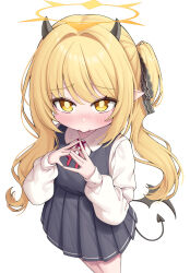 1girl black_horns black_ribbon black_skirt black_wings blonde_hair blue_archive demon_tail hair_ribbon halo highres horns ibuki_(blue_archive) long_sleeves looking_at_viewer metaljelly pointy_ears ribbon school_uniform simple_background skirt solo tail white_background wings yellow_eyes yellow_halo