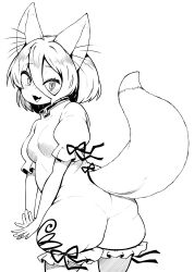 1girl absurdres animal_ears ass commentary_request fox_ears fox_tail hair_between_eyes high_contrast highres himajin_noizu kudamaki_tsukasa looking_at_viewer looking_back monochrome open_mouth romper short_hair short_sleeves simple_background slit_pupils solo tail touhou