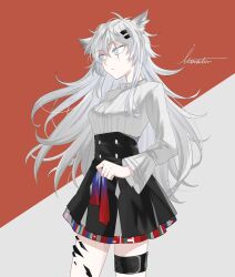 1girl animal_ears arknights artist_name black_skirt blue_eyes bright_pupils closed_mouth commentary_request cowboy_shot floating_hair grey_background grey_hair grey_shirt hair_between_eyes hair_ornament hairclip high-waist_skirt highres holding_necktie itonatsu lappland_(arknights) lappland_the_decadenza_(arknights) long_hair long_sleeves looking_to_the_side material_growth necktie no_jacket official_alternate_costume orange_background oripathy_lesion_(arknights) purple_necktie red_necktie scar scar_across_eye scar_on_face shirt signature simple_background skirt solo standing two-tone_background unworn_necktie white_pupils wolf_ears wolf_girl