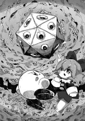 1boy 1girl 1other blush_stickers bow dress fairy full_body greyscale hair_bow highres kirby kirby_(series) kirby_64 looking_at_another medium_hair miracle_matter monochrome monster nintendo ribbon_(kirby) ydaalh7ndqvyogd