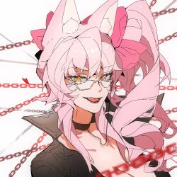 1girl animal_ears chain fate/grand_order fate_(series) fox_ears glasses highres koyanskaya_(assassin)_(first_ascension)_(fate) koyanskaya_(fate) long_hair looking_at_viewer orange_eyes pink_hair portrait solo tamamo_(fate) yinggu