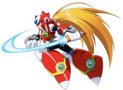 1boy android armor blonde_hair chest_jewel energy_sword forehead_jewel gloves guutara helmet highres holding holding_sword holding_weapon long_hair male_focus mega_man_(series) mega_man_x_(series) ponytail red_armor red_helmet robot robot_ears shoulder_armor signature slashing solo solo_focus sword very_long_hair weapon white_gloves z_saber zero_(mega_man)