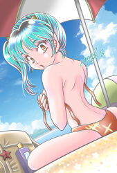 Rule 34 | 1girl, :o, aononmi, bare arms, bare legs, beach, bikini, black hair, blue hair, day, dutch angle, highres, horns, indian style, looking at viewer, looking back, lum, multicolored hair, orange bikini, orange eyes, outdoors, pointy ears, shoulder blades, sitting, solo, summer, swimsuit, untied bikini top, urusei yatsura