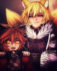 Rule 34 | 2girls, animal ears, blonde hair, brown hair, cat ears, chain, chen, closed mouth, commentary request, earrings, fixelcat, fox ears, fox tail, fur collar, fur trim, hair between eyes, hands in opposite sleeves, jewelry, koumajou densetsu, koumajou densetsu 2, lips, long sleeves, multiple girls, short hair, smirk, tabard, tail, touhou, upper body, yakumo ran, yellow eyes