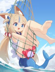 1girl absurdres animal_ears blonde_hair blue_eyes blue_sky blue_streaks cat_ears crab day feet fins fish_tail fishing_net highres indie_virtual_youtuber kanbaki looking_at_viewer one-piece_swimsuit open_mouth outdoors sameko_saba sky solo swimsuit tail twintails virtual_youtuber water white_one-piece_swimsuit