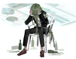 1boy black_jacket black_pants brown_shoes collared_shirt green_hair hands_on_own_head hands_up jacket lobotomy_corporation long_hair long_sleeves molybdaenu63133 monobloc_(chair) netzach_(project_moon) pants project_moon shirt shoes sidelocks simple_background sitting solo very_long_hair white_background white_shirt