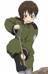 1girl asymmetrical_hair boots brown_eyes brown_hair digging female_focus hair_ornament hairclip military military_uniform shovel simple_background solo sora_no_woto sorami_kanata sweat white_background worktool youkan