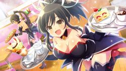 2girls artist_request asuka_(senran_kagura) black_collar black_hair black_leotard black_thighhighs breasts brown_eyes cake cake_slice cleavage collar crossover cup dark-skinned_female dark_skin detached_collar drink food fork fruit game_cg glass green_eyes grin hair_ribbon high_heels highres higurashi_no_naku_koro_ni higurashi_no_naku_koro_ni_mei holding holding_tray homura_(senran_kagura) large_breasts leotard long_hair long_sleeves looking_at_viewer medium_hair multiple_girls non-web_source official_art open_mouth pizza plate ponytail pudding ribbon senran_kagura smile sparkle spoon strawberry strawberry_cake tan teacup thighhighs tray water white_ribbon