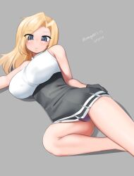 1girl absurdres black_skirt blonde_hair blue_eyes breasts cosplay dated feet_out_of_frame grey_background hair_intakes high-waist_skirt highres hornet_(kancolle) kantai_collection large_breasts long_hair looking_at_viewer lying maru_(marg0613) on_side one-hour_drawing_challenge panties pantyshot purple_panties shirt simple_background skirt sleeveless sleeveless_shirt solo tatsuta_(kancolle) tatsuta_(kancolle)_(cosplay) tatsuta_kai_ni_(kancolle) tatsuta_kai_ni_(kancolle)_(cosplay) twitter_username underwear white_shirt