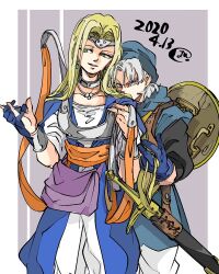 1boy 1girl armor bandana blonde_hair blue_gloves blue_robe border bracer breastplate breasts bykillt cow dated dragon_quest dragon_quest_vi forehead_protector gloves grey_background grey_hair hair_between_eyes hand_in_another&#039;s_hair holding_hands jewelry long_hair medium_breasts mireyu necklace pants parted_bangs parted_lips purple_bag robe shield shield_on_back shirt short_hair signature silver_choker sword terry_(dq6) weapon white_border white_pants white_shirt