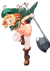 1girl axe blonde_hair boots brown_boots cape commentary_request fang flat_chest full_body green_cape green_hat hat hat_ribbon highres holding holding_axe kuroinu_~kedakaki_seijo_wa_hakudaku_ni_somaru~ loli medium_hair naked_cape navel neck_ribbon open_mouth pink_eyes pom_pom_(clothes) red_ribbon ribbon ringlets ruu_ruu short_bangs simple_background solo standing standing_on_one_leg stomach thighhighs two-sided_cape two-sided_fabric white_background white_thighhighs yu_3