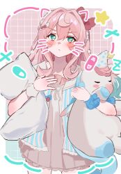 Rule 34 | 1girl, animal, aqua eyes, aqua hair, auru grap, blush, commentary request, drawn ears, drawn whiskers, face filter, highres, holding, holding animal, holding pillow, honkai: star rail, honkai (series), hyacine (honkai: star rail), hyacine (sweet slumber) (honkai: star rail), little ica (honkai: star rail), long hair, looking at viewer, multicolored hair, nightgown, official alternate costume, official alternate hairstyle, pillow, two-tone hair, white nightgown
