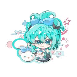 1girl :3 aqua_eyes aqua_hair bare_shoulders black_skirt blue_bow bow chibi chibi_only chinese_commentary cinnamiku cinnamoroll commentary_request crossover fuwa_fuwa_cinnamoroll grey_shirt hair_bow hatsune_miku heart highres ji_ziji_liang_ge_da_bi_dou long_hair looking_at_viewer pleated_skirt sanrio shirt simple_background skirt sleeveless sleeveless_shirt solo star_(symbol) stuffed_animal stuffed_dog stuffed_toy tied_ears updo vocaloid white_background