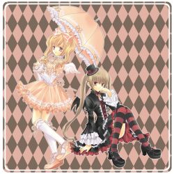 2girls argyle_background black_dress black_hat black_nails black_shoes black_thighhighs blonde_hair bow brown_hair closed_mouth commentary_request cross-laced_clothes cross-laced_dress dress frilled_dress frilled_sleeves frilled_umbrella frills full_body gothic_lolita grey_eyes hair_bow hand_on_own_chin hat head_rest holding holding_umbrella kneehighs layered_sleeves lolita_fashion long_hair long_sleeves looking_at_viewer medium_hair min-mu mini_hat mini_top_hat multiple_girls nail_polish orange_bow orange_dress orange_shoes orange_umbrella original parasol puffy_short_sleeves puffy_sleeves red_eyes red_thighhighs ribbon-trimmed_socks ribbon_trim ringlets shoes short_over_long_sleeves short_sleeves smile socks striped_clothes striped_thighhighs thighhighs top_hat twintails umbrella very_long_hair white_socks