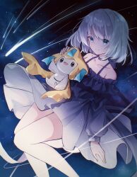 1girl absurdres bare_shoulders black_dress blue_eyes collarbone commentary commission creatures_(company) crying crying_with_eyes_open dress feet_out_of_frame frilled_dress frills game_freak gen_3_pokemon grey_hair headpat highres jirachi legendary_pokemon long_sleeves looking_at_creature miyu_(miy_u1308) mythical_pokemon nintendo off-shoulder_dress off_shoulder open_mouth original pixiv_commission pointy_ears pokemon pokemon_(creature) shooting_star short_dress short_hair smile space star_(sky) tears