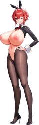1girl absurdres ahoge animal_ear_hairband animal_ears black_hairband black_shrug breasts cleavage clenched_teeth collared_shrug crotchless crotchless_pantyhose derauea fake_animal_ears frontless_outfit game_cg hair_ornament hairband hands_on_own_hips highres huge_breasts inverted_nipples karla_lil_earthian latex light_blush lightning_bolt lightning_bolt_hair_ornament lightning_bolt_symbol looking_at_viewer meme_attire motto!_haramase!_honoo_no_oppai_isekai_oppai_bunny_gakuen! navel no_pussy non-web_source official_art one_eye_closed pantyhose rabbit_ear_hairband rabbit_ears red_eyes red_hair revealing_clothes reverse_bunnysuit reverse_outfit short_hair shrug_(clothing) sidelocks smile solo tachi-e teeth transparent_background wrist_cuffs