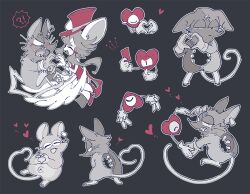 !? 1girl 1other 2boys ^_^ animal_ears black_background blush blush_stickers closed_eyes coattails commentary_request double_v dress earclip fangs feathered_wings gloves greyscale half-closed_eyes hat heart heart_(mad_rat_dead) heart_hands heart_tail high_heels holding holding_another&#039;s_tail holding_hands holding_whistle hole_in_chest hole_on_body mad_rat_(mad_rat_dead) mad_rat_dead mob_rat_(mad_rat_dead) monochrome mouse_boy mouse_ears mouse_girl mouse_tail multiple_boys one-eyed rat_god_(mad_rat_dead) red_card red_dress red_hat sidelocks sleeveless sleeveless_dress spot_color stitches sweatdrop tail top_hat v v-shaped_eyebrows whistle wings x_navel yurano_(upao)