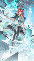 1girl absurdres bare_shoulders black_boots boots breasts chinese_commentary ciaccona_(wuthering_waves) commentary_request hair_between_eyes highres horns long_hair medium_breasts parted_lips pointy_ears red_hair sanyue_qiushi scrunchie short_sleeves solo thigh_boots wrist_scrunchie wuthering_waves